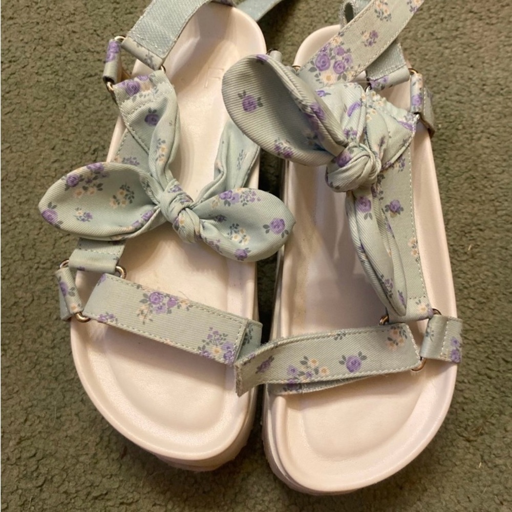 JustFab Floral Bow Sandals - Light Blue and Purple